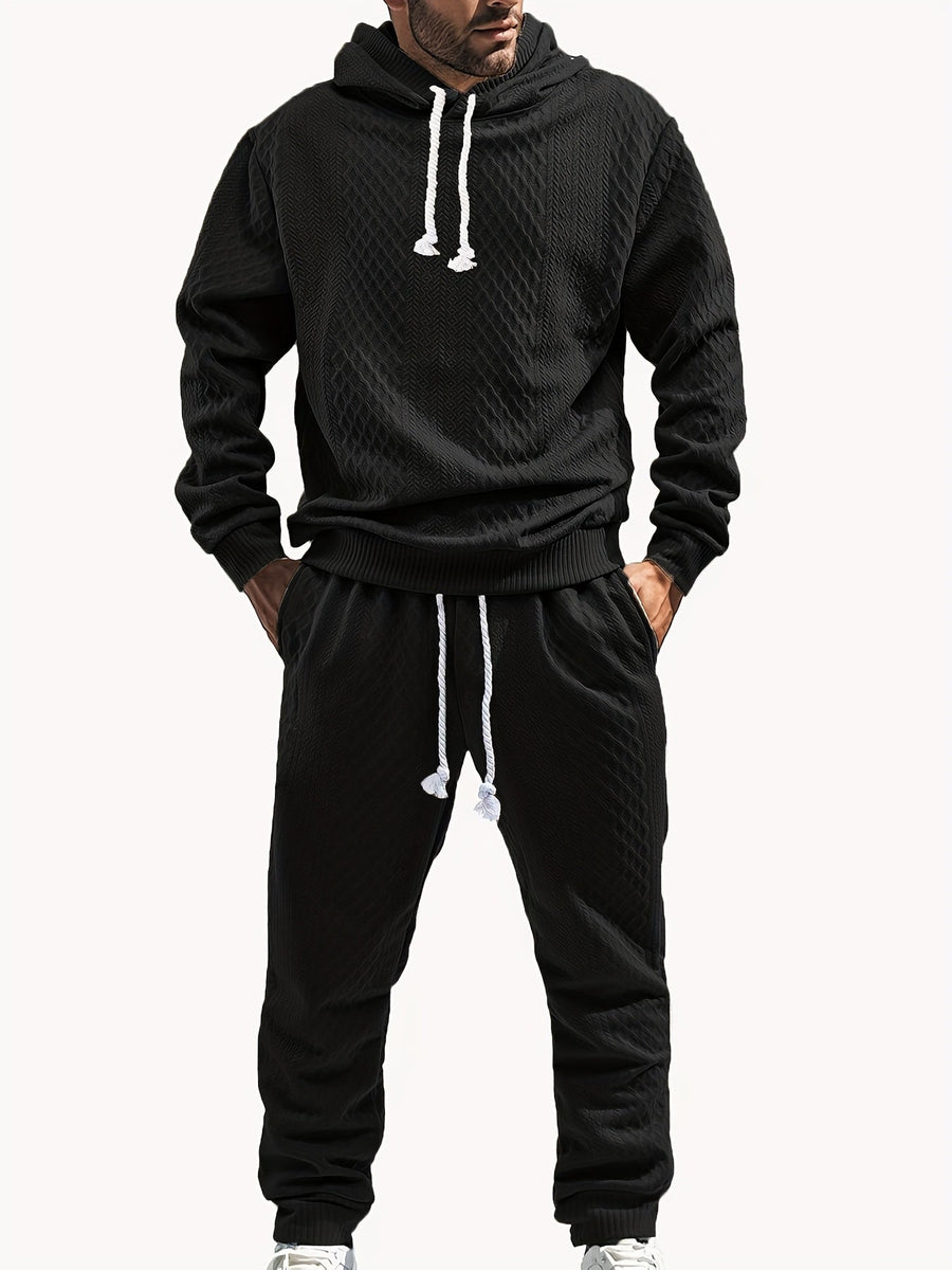 Rutigt Herr Set med Hoodie och Mjukisbyxor i Strukturerat Material