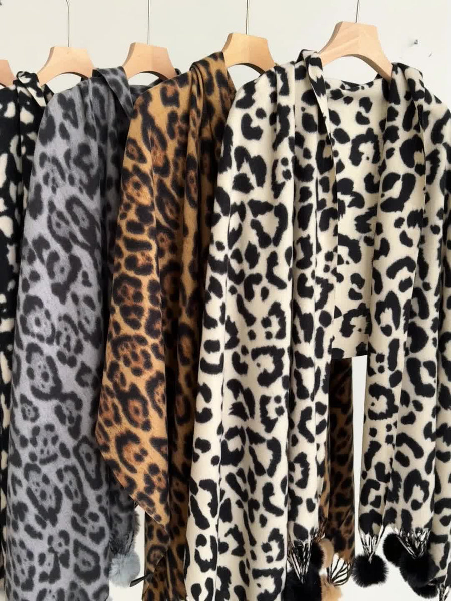Leopardmönstrad sjal med tofsar för dam, brun
