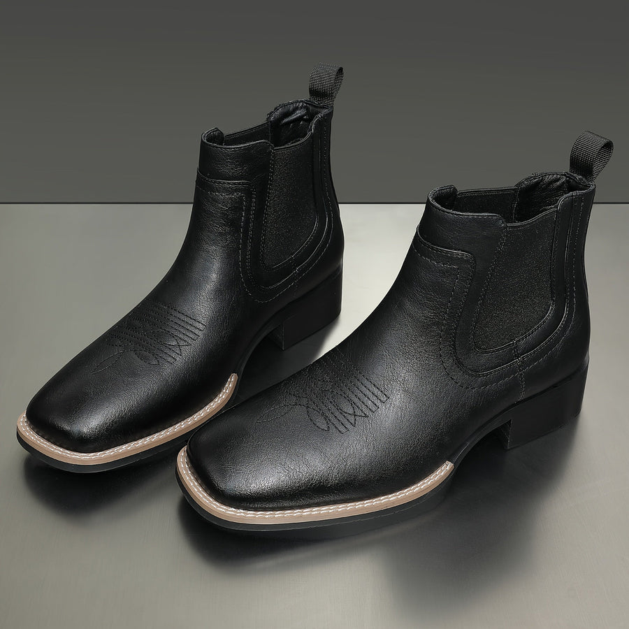 Bruna Chelseaboots med kvadratisk tå och elastiska sidopaneler, broderade detaljer