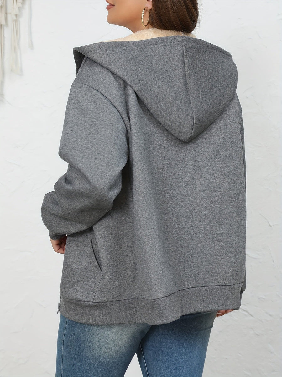 Damhoodie med dragkedja och pälsimitationfodrad luva, två fickor fram