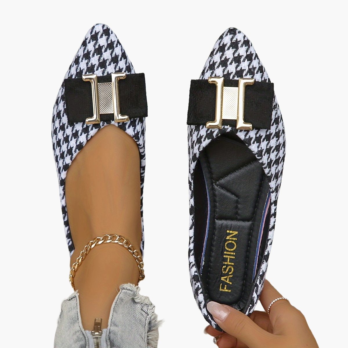 Damers eleganta loafers med spetsig tå och hundtandsmönster – Perfekta vardagsskor med dekorativ detalj