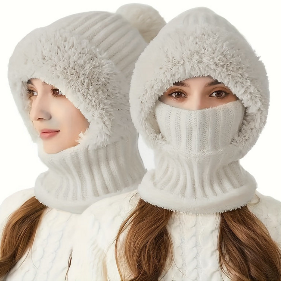 Stickad balaklava med foder i mjukt material och pompom - vintermössa med halsvärmare