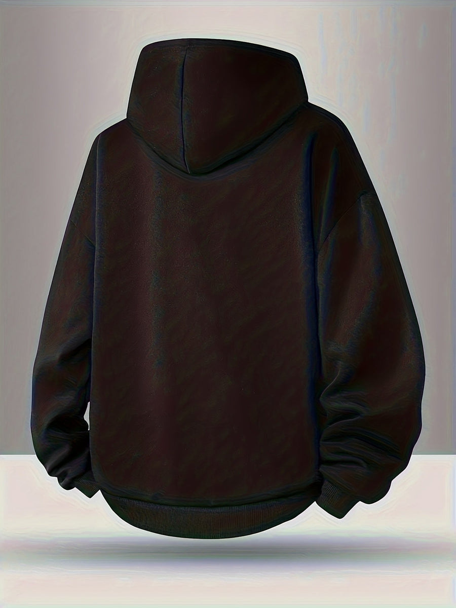 Svart hoodie med hög krage, dragkedja och huva, oversized modell med fickor
