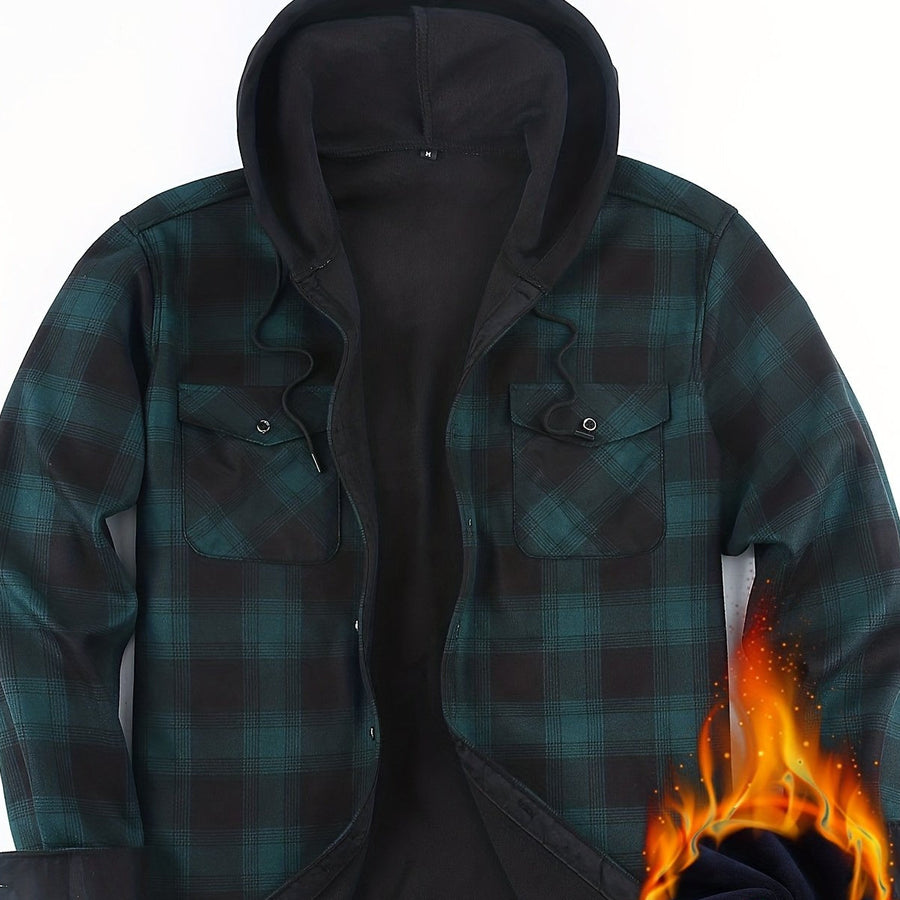 Men���s Plaid Hooded Thermal Flannel Shirt Jacket