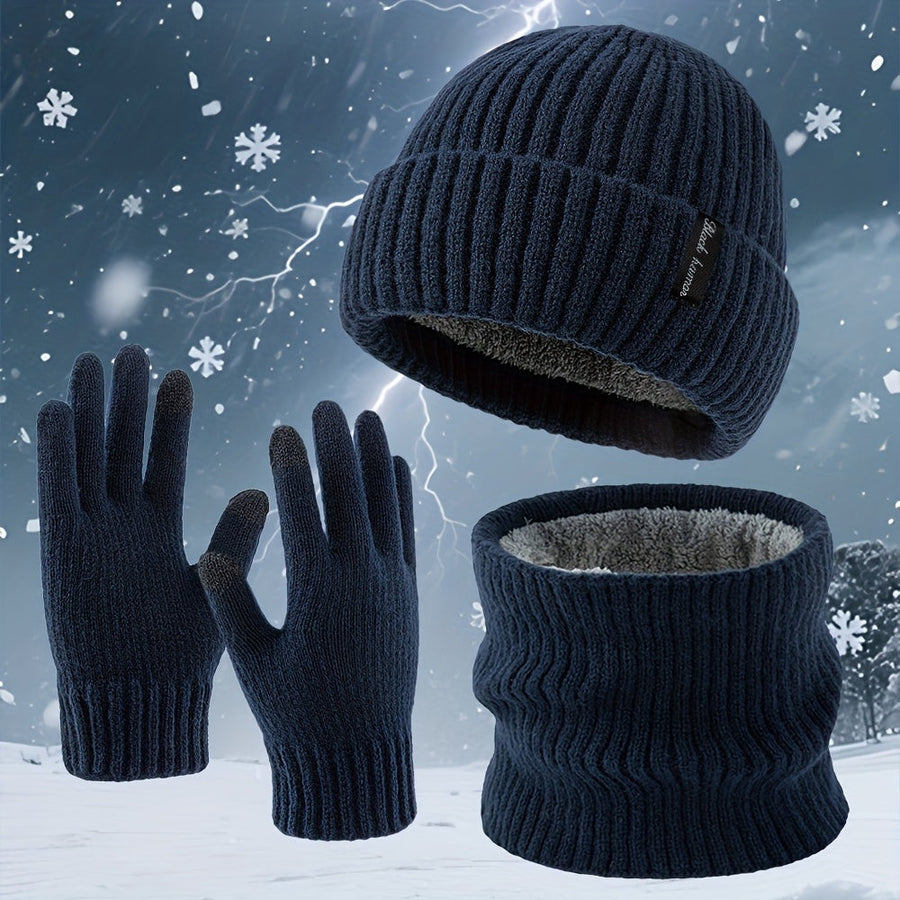 Vinterset med stickad mössa, tubhalsduk och touchhandskar – Fodrat värmande set