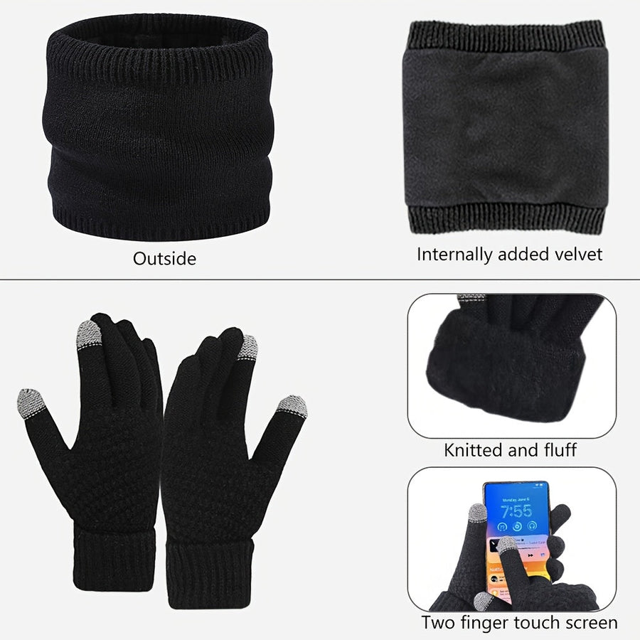 Vintermössa, halsvärmare och handskar set, stickat set med mössa och öronlappar för kyla