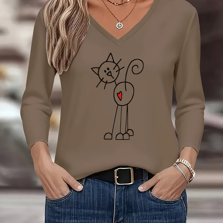 Dam T-shirt med lång ärm, V-ringning och kattryck