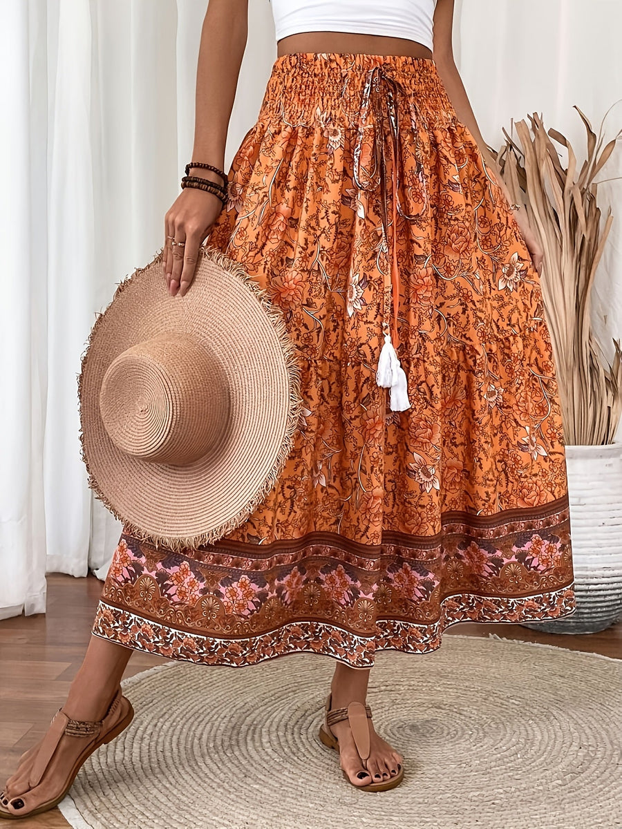 Dam Kjol Boho Lång Blommig Elegant Sommarmode Fickor