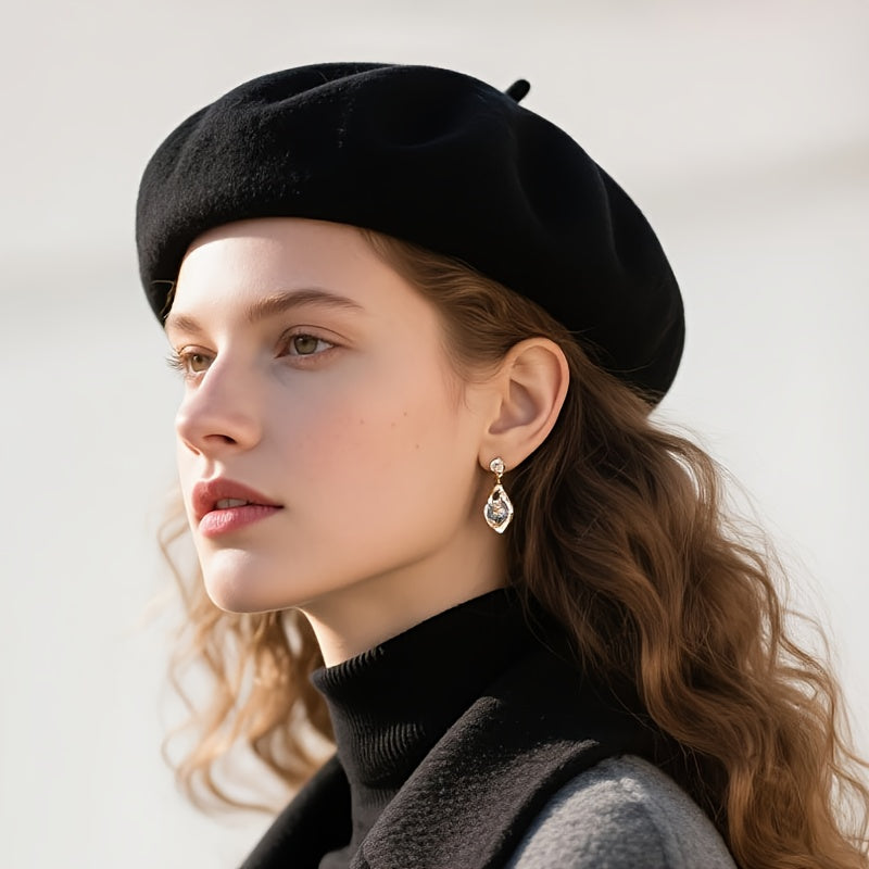 Unisex Beret Mössa - Stickad Basker med Liten Knopp
