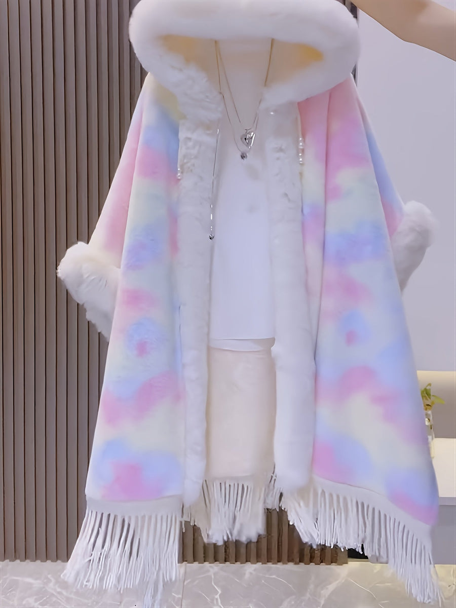 Regnbågsfärgad Fuskpäls Cape Poncho med Huva och Fransar