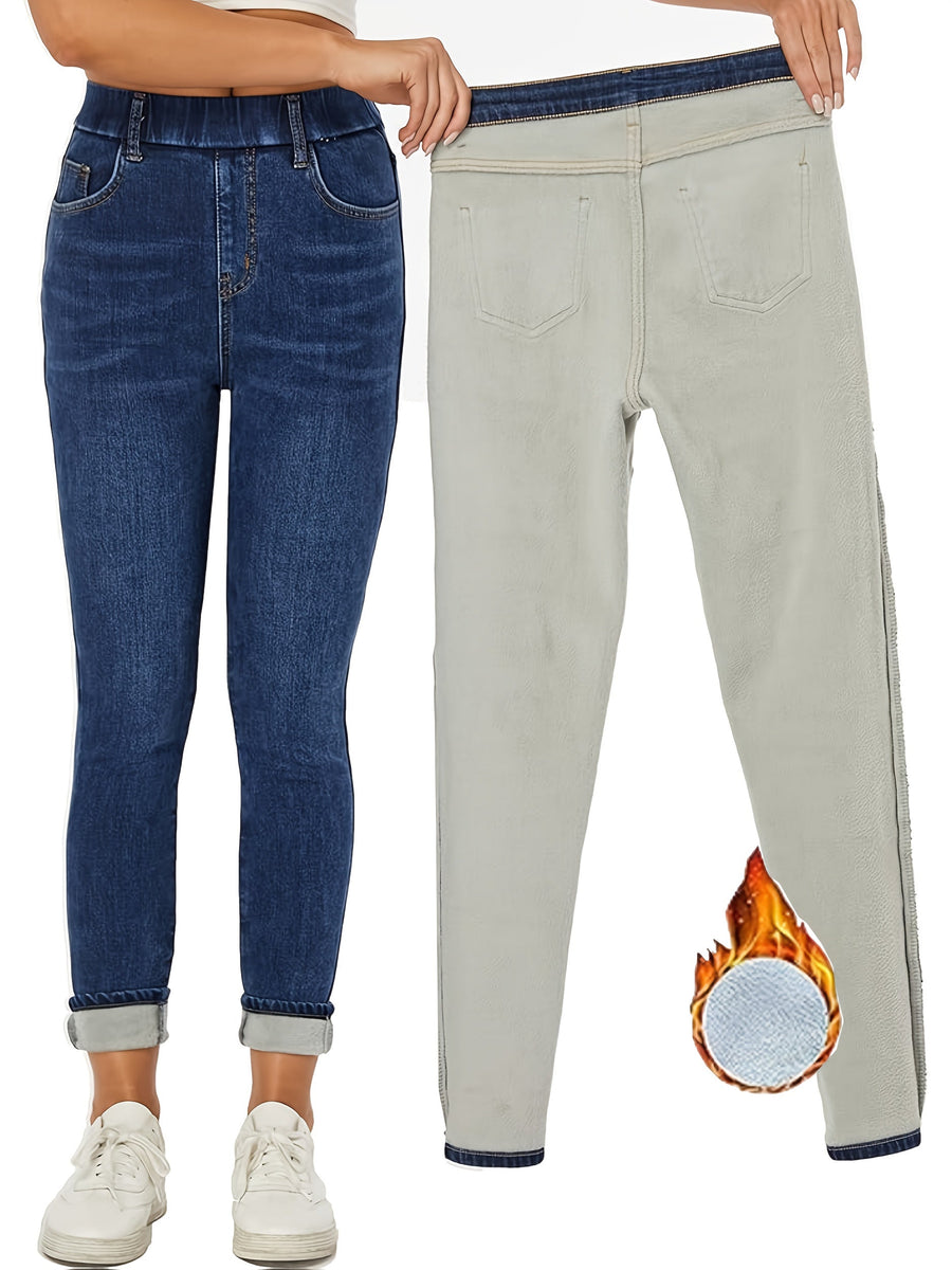 Fodrade Damjeans Skinny Fit – Blå Jeans med Mjukt Foder för Kallare Dagar