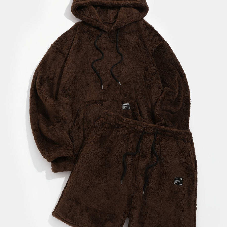 Brun plyschhoodie med öron och shorts, matchande set