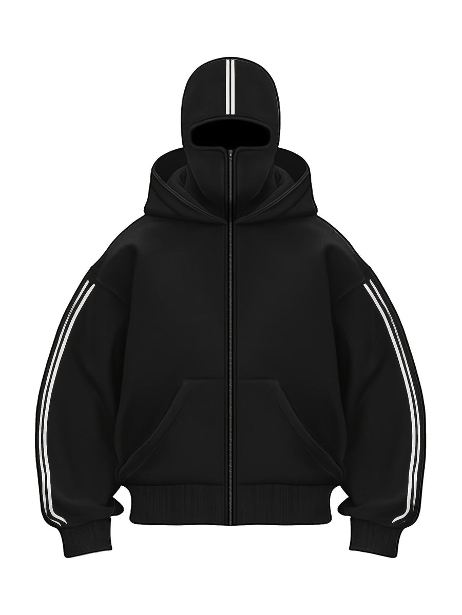 Hoodie med dragkedja och integrerad balaklava, vita ränder