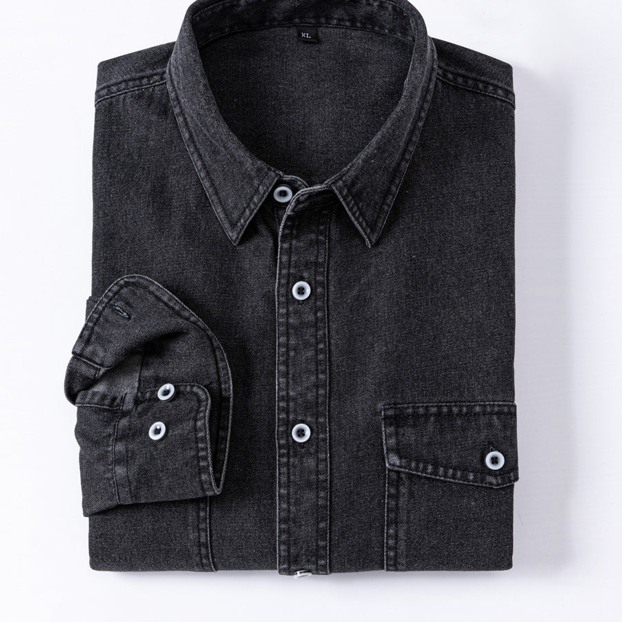 Jeansskjorta med lång ärm och bröstfickor i denimlook