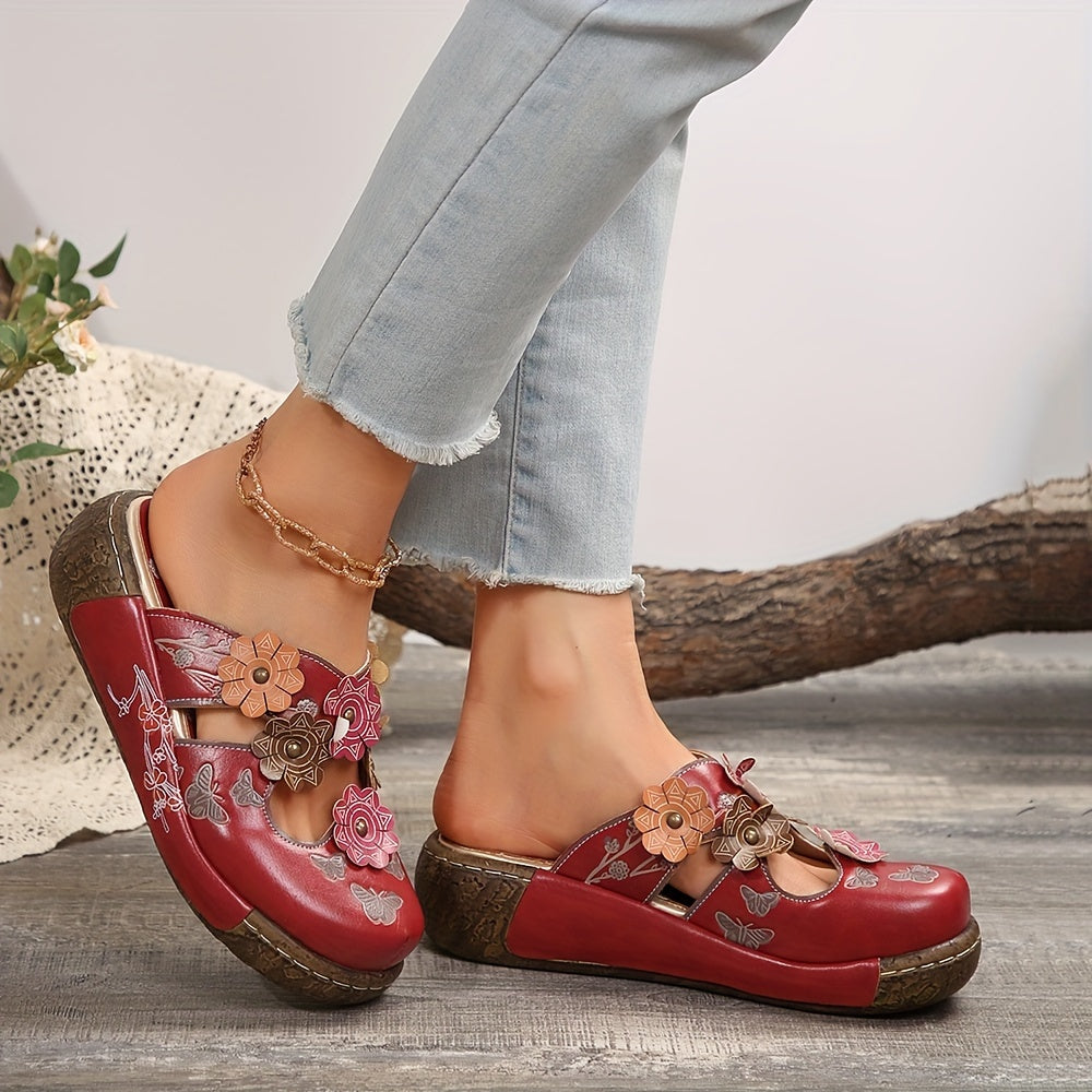 Damskor kilklack slip-in bohemisk vardagsstil med blommor och fjärilar