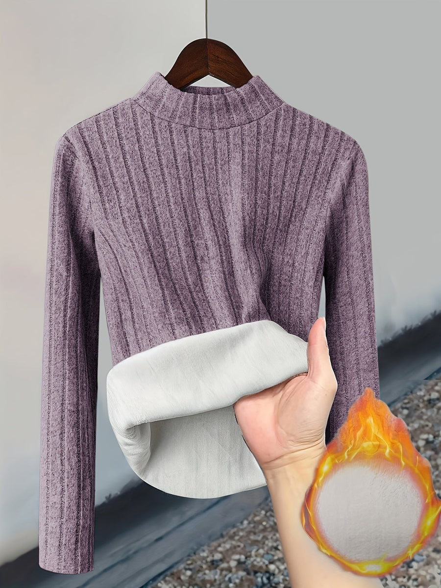 Ribbstickad Damtröja med Foder, Hög Hals & Lång Ärm, Varm