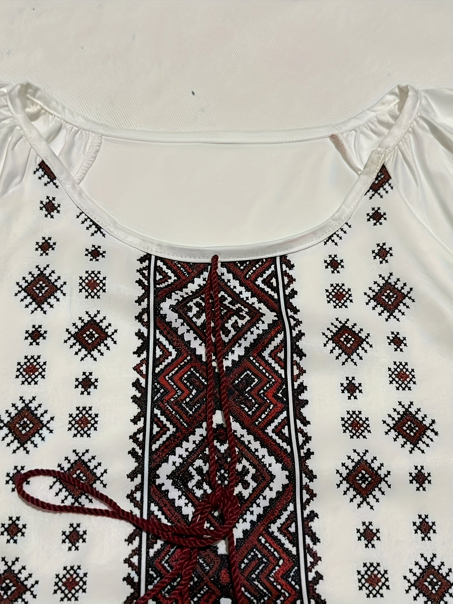 Vit Damblus med Broderat Mönster och Lång Ärm, Rund Halsringning