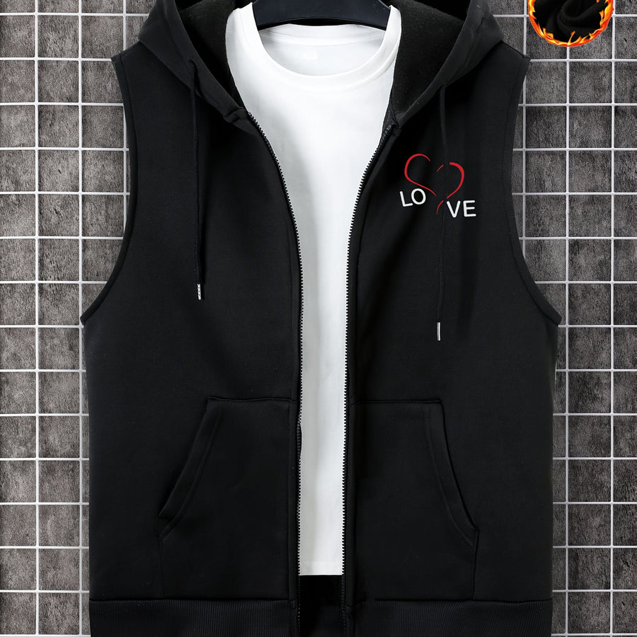 Svart Ärmlös Hoodie med Dragkedja och Röd Huva, Mjukt Foder, 'LOVE'-tryck
