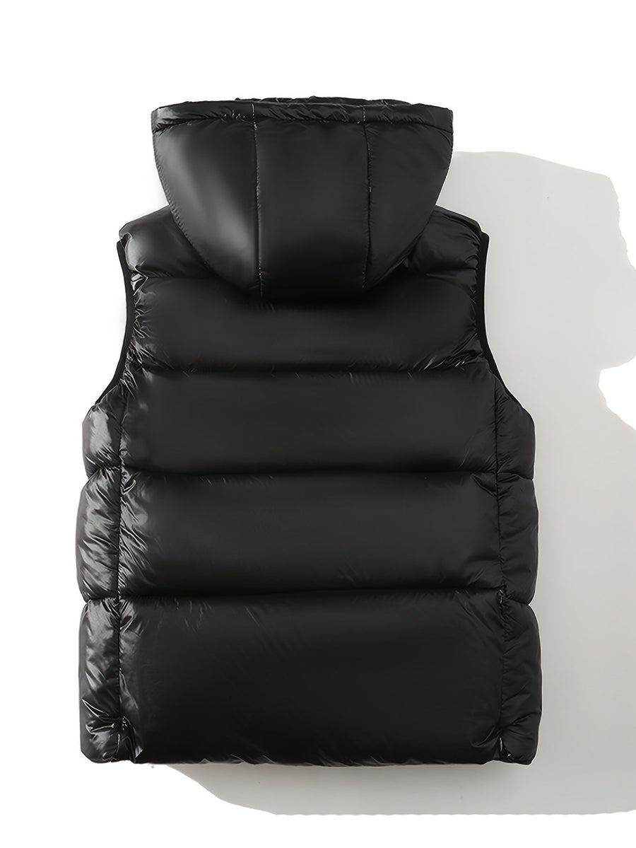 Unisex pufferväst med huva, blixtlås, brun