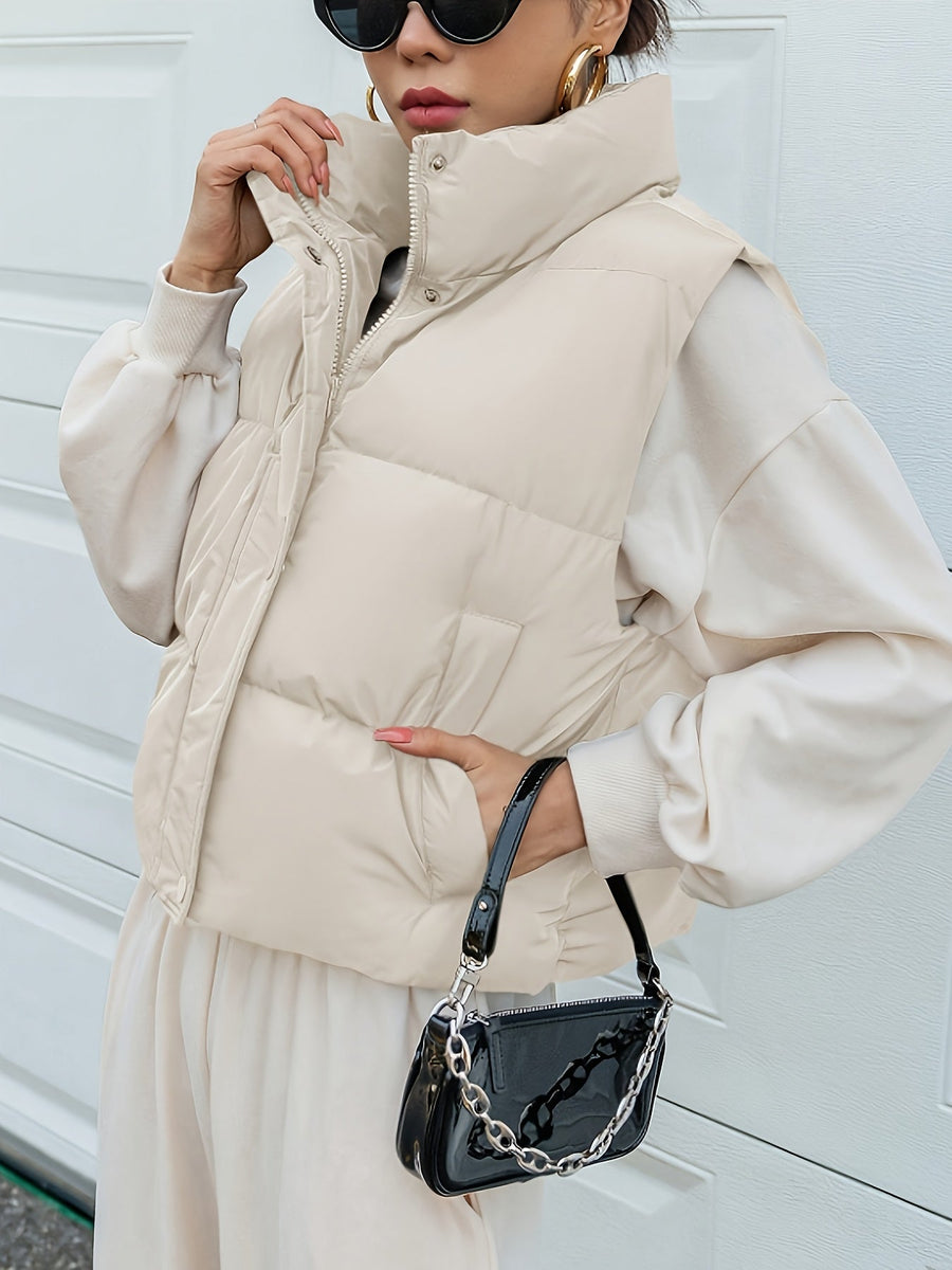 Kort Puffer Väst med Hög Krage för Dam, Beige