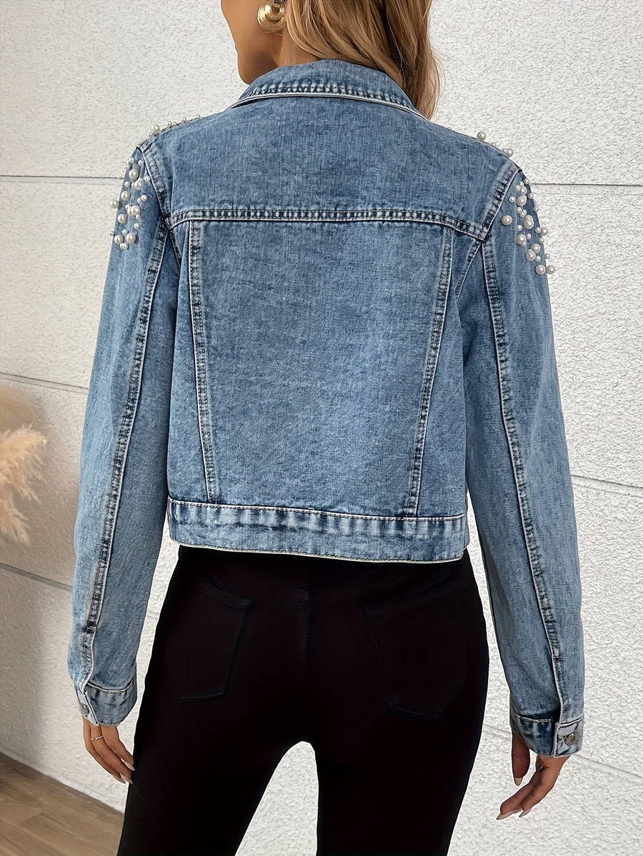 Dam jeansjacka med pärldekoration, ljusblå denim