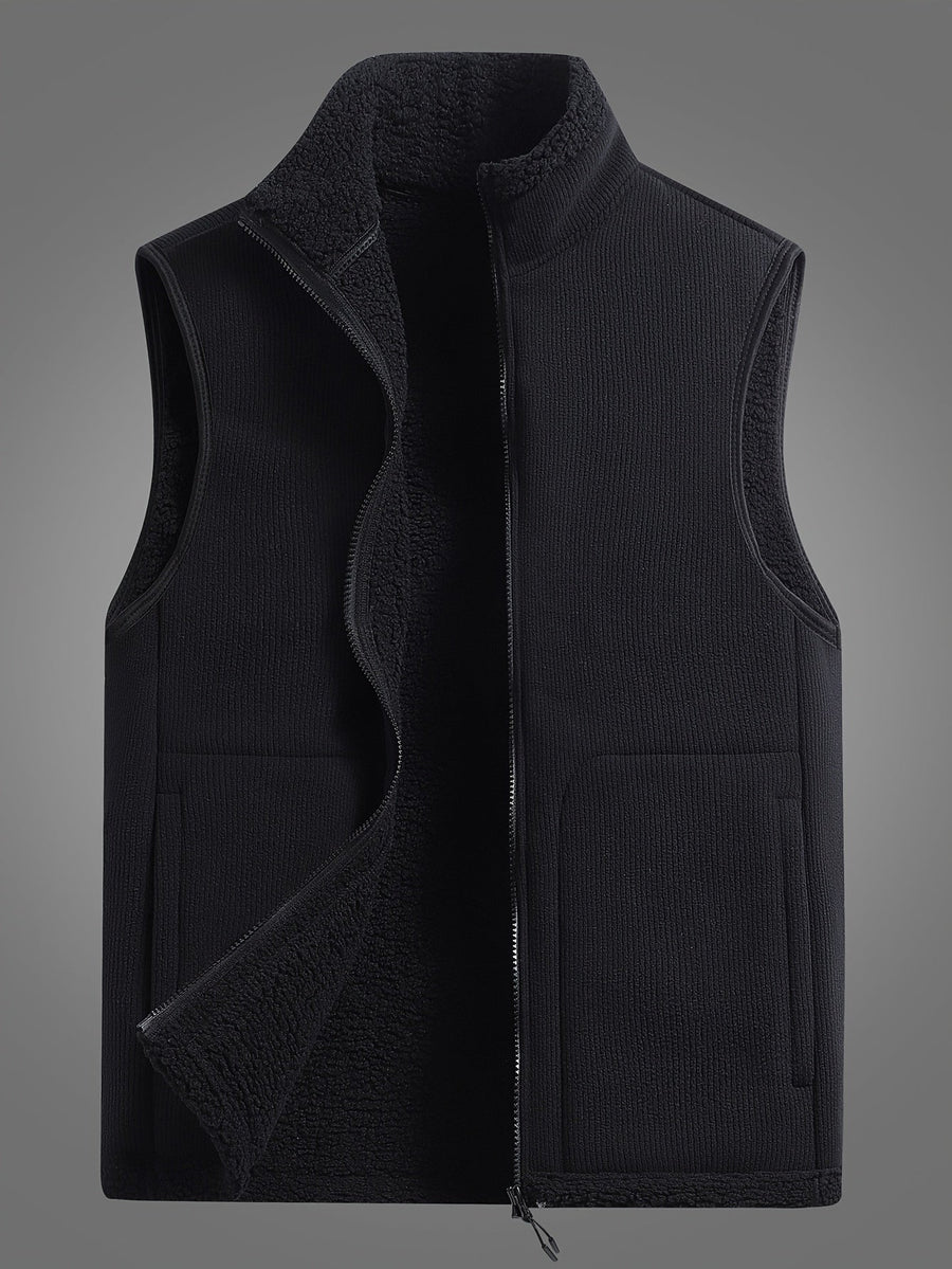 Unisex Ribbad Väst med Fleecefoder och Dragkedja, Fickor, Stående Krage