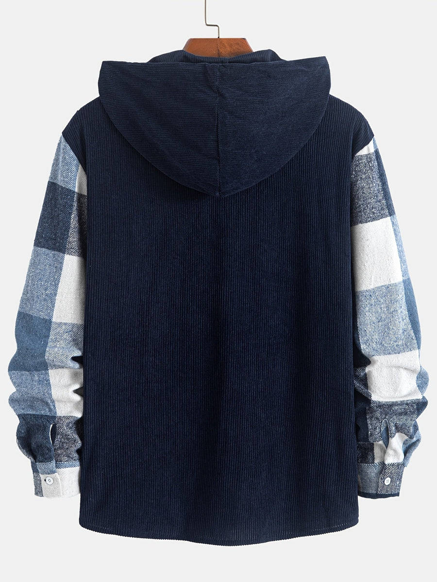 Rutig Overshirt med Huva för Herr, Brun Corduroy Huva och Bröstficka, Knappstängning
