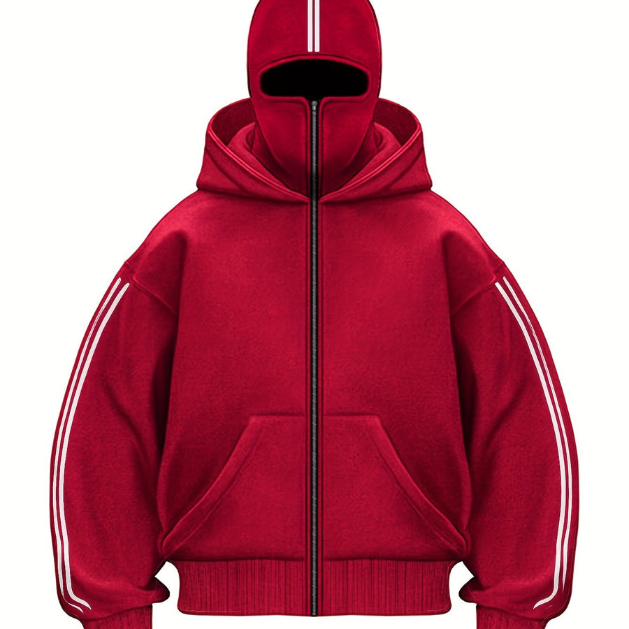 Hoodie med dragkedja och integrerad balaklava, vita ränder