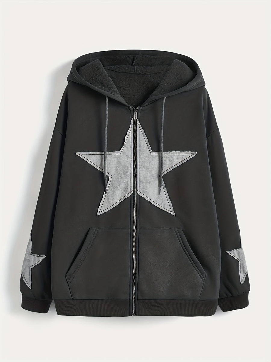 Brun Zip-up Hoodie med Huva och Stjärnmotiv – Rymlig Passform