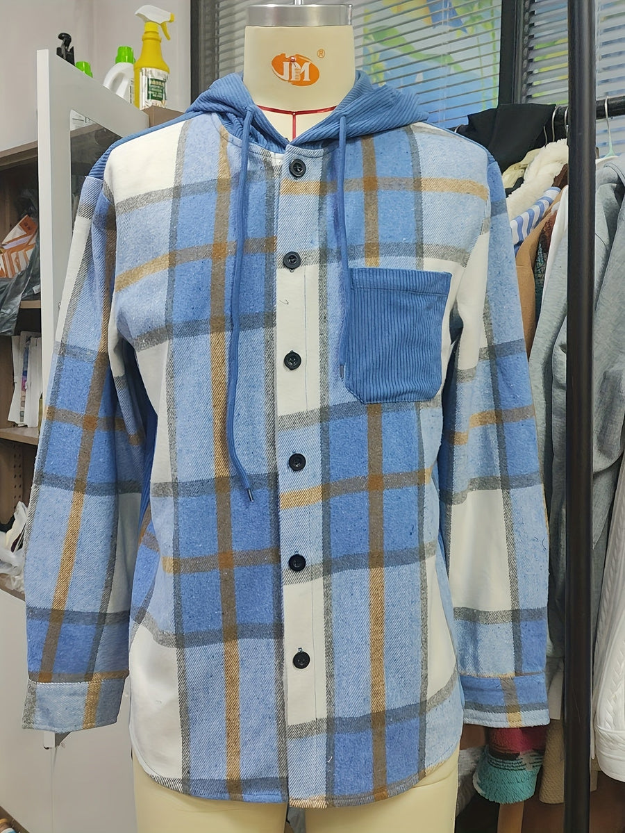 Rutig Overshirt med Huva för Herr, Brun Corduroy Huva och Bröstficka, Knappstängning