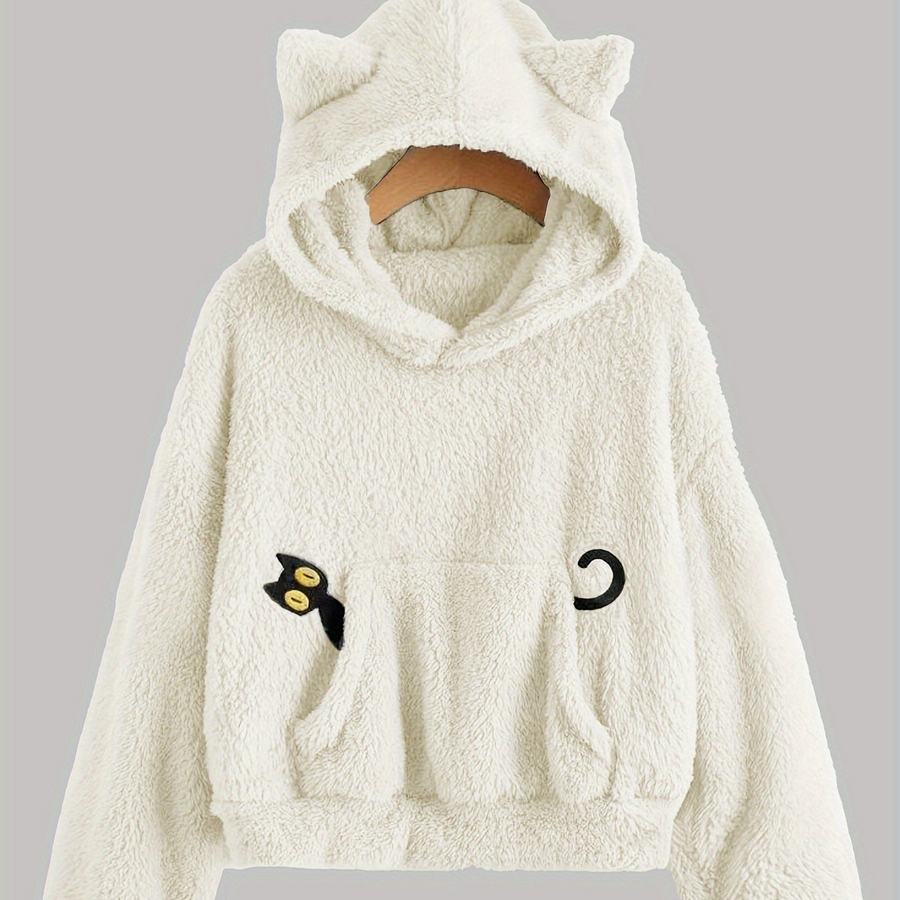 Grå fluffig hoodie med kattöron och kattapplikation, mjuk mysig tröja med huva