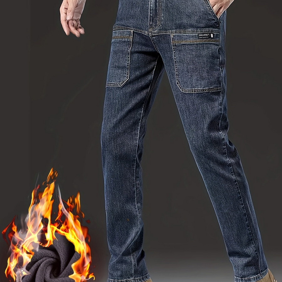 Herrjeans med fleecefoder svarta med raka ben och cargofickor