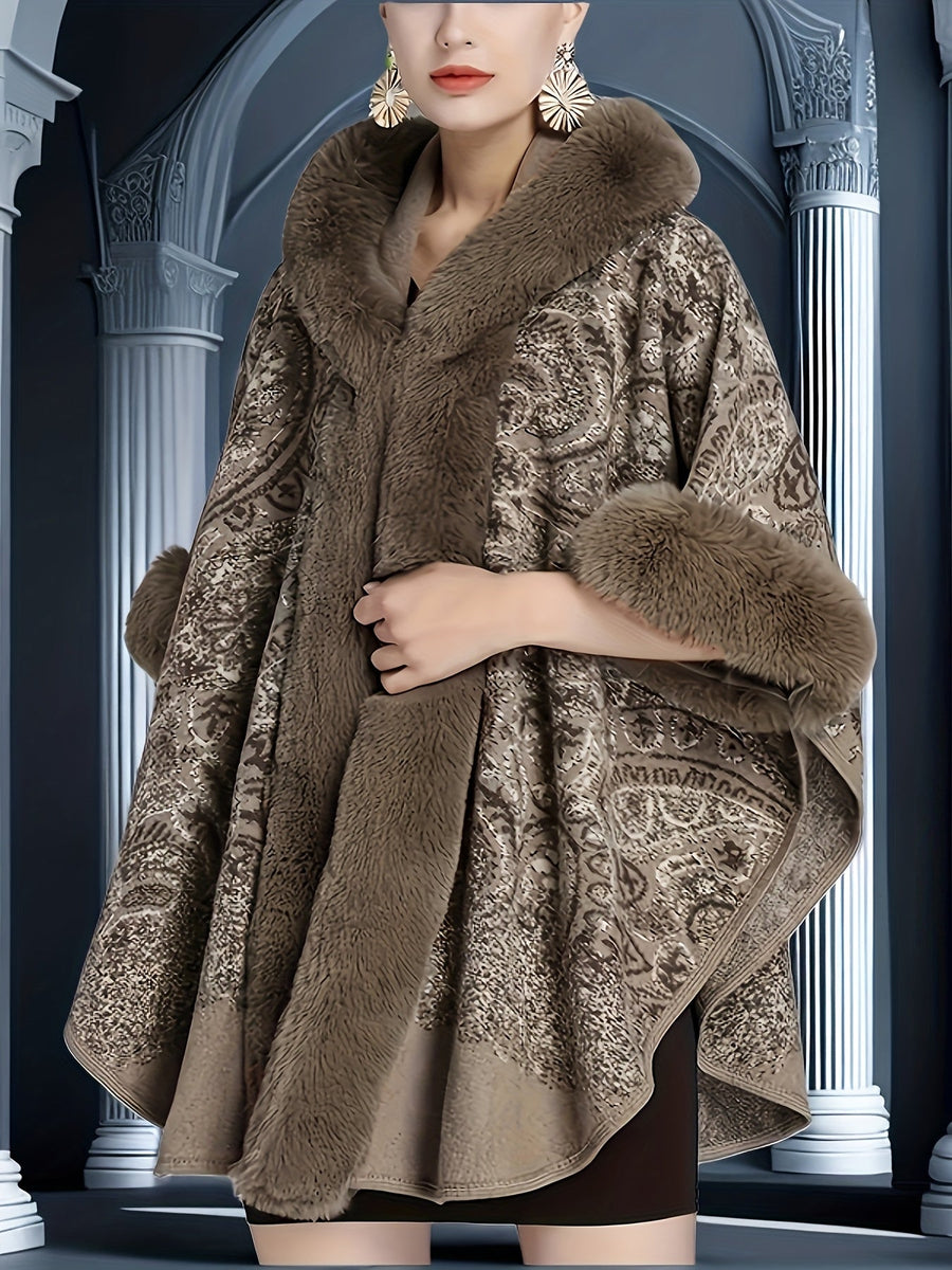 Mönstrad Poncho med Fuskpälsdetaljer och Huva Brun
