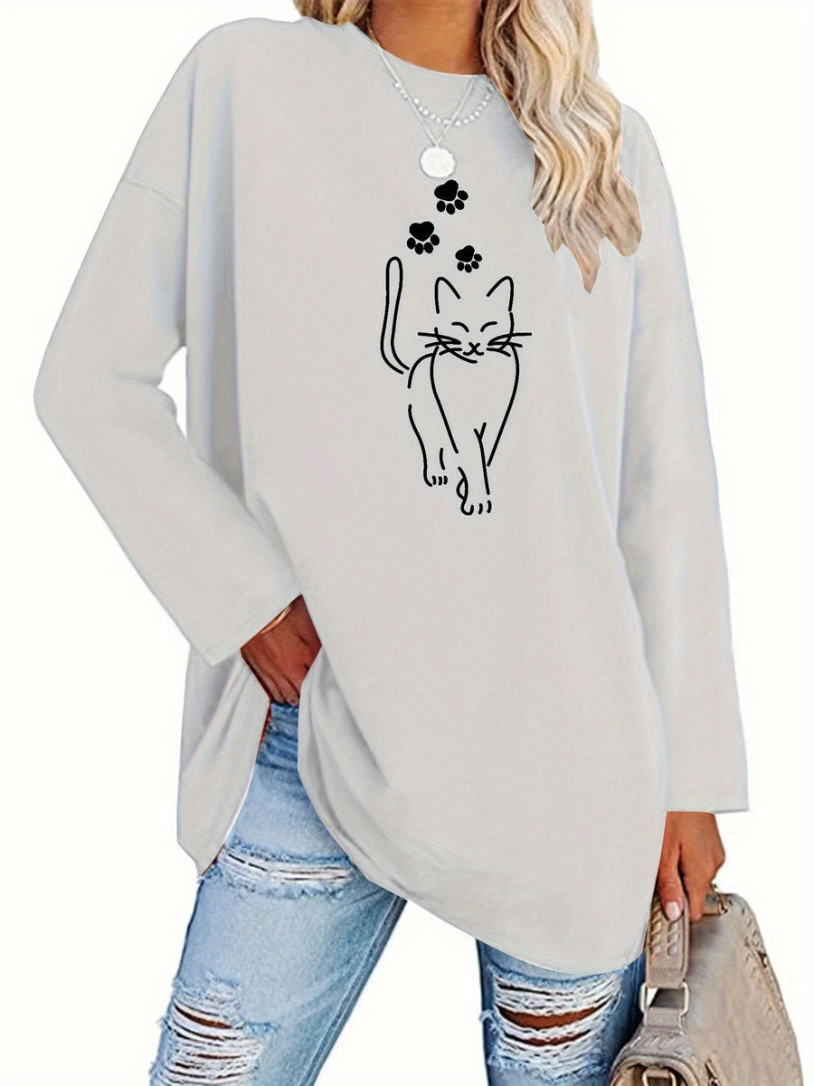 Svart långärmad tröja med kattmotiv och tassavtryck, oversized passform
