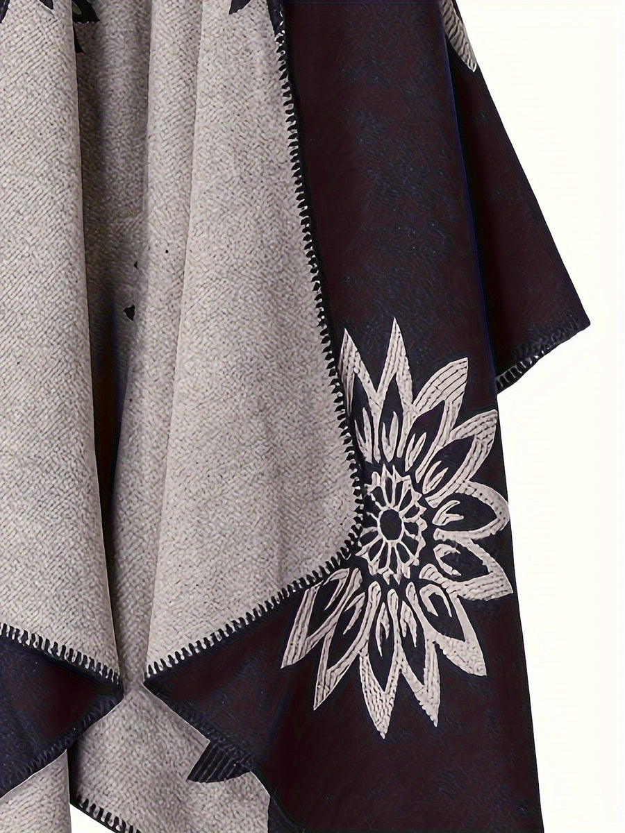 Vändbar poncho med blommönster, svart och grå