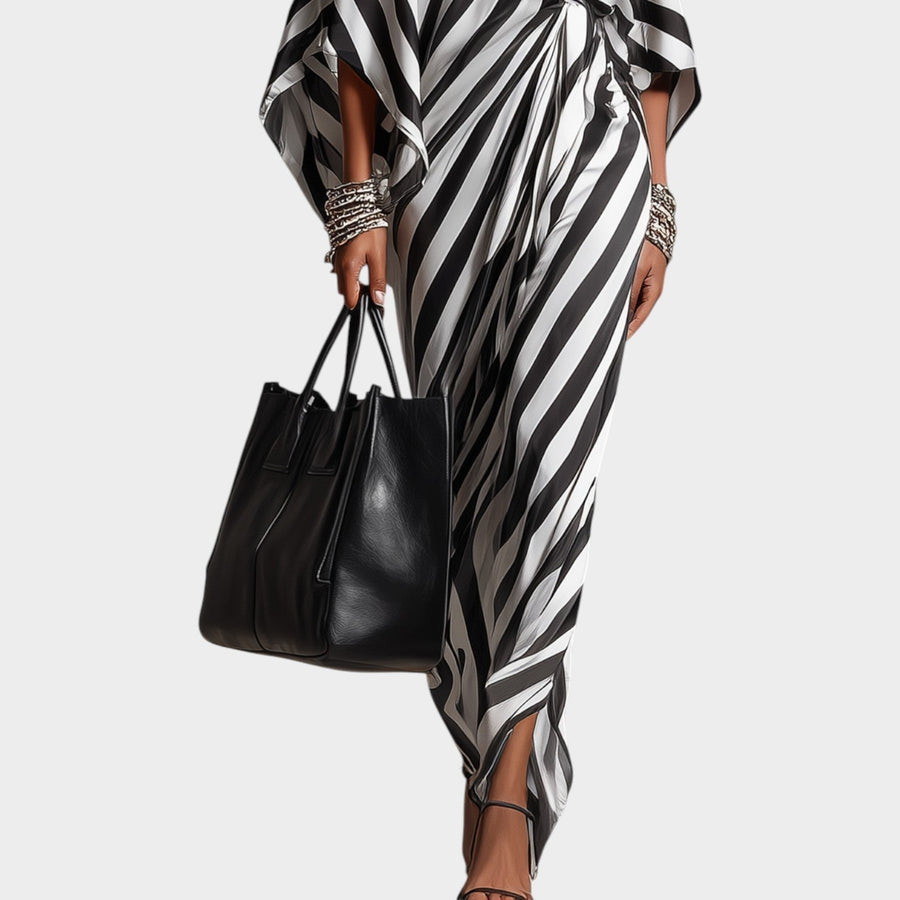 Dam Kaftan Klänning Randig Svart Vit Off-Shoulder Maxilängd