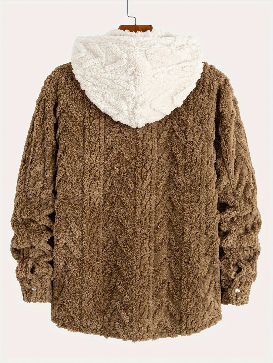 Hoodie i teddyfleece med knappar och ficka, fiskbensmönstrad