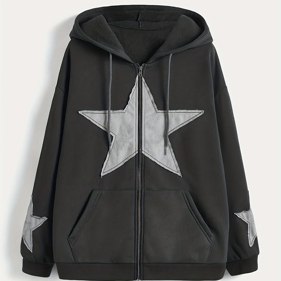 Brun Zip-up Hoodie med Huva och Stjärnmotiv – Rymlig Passform