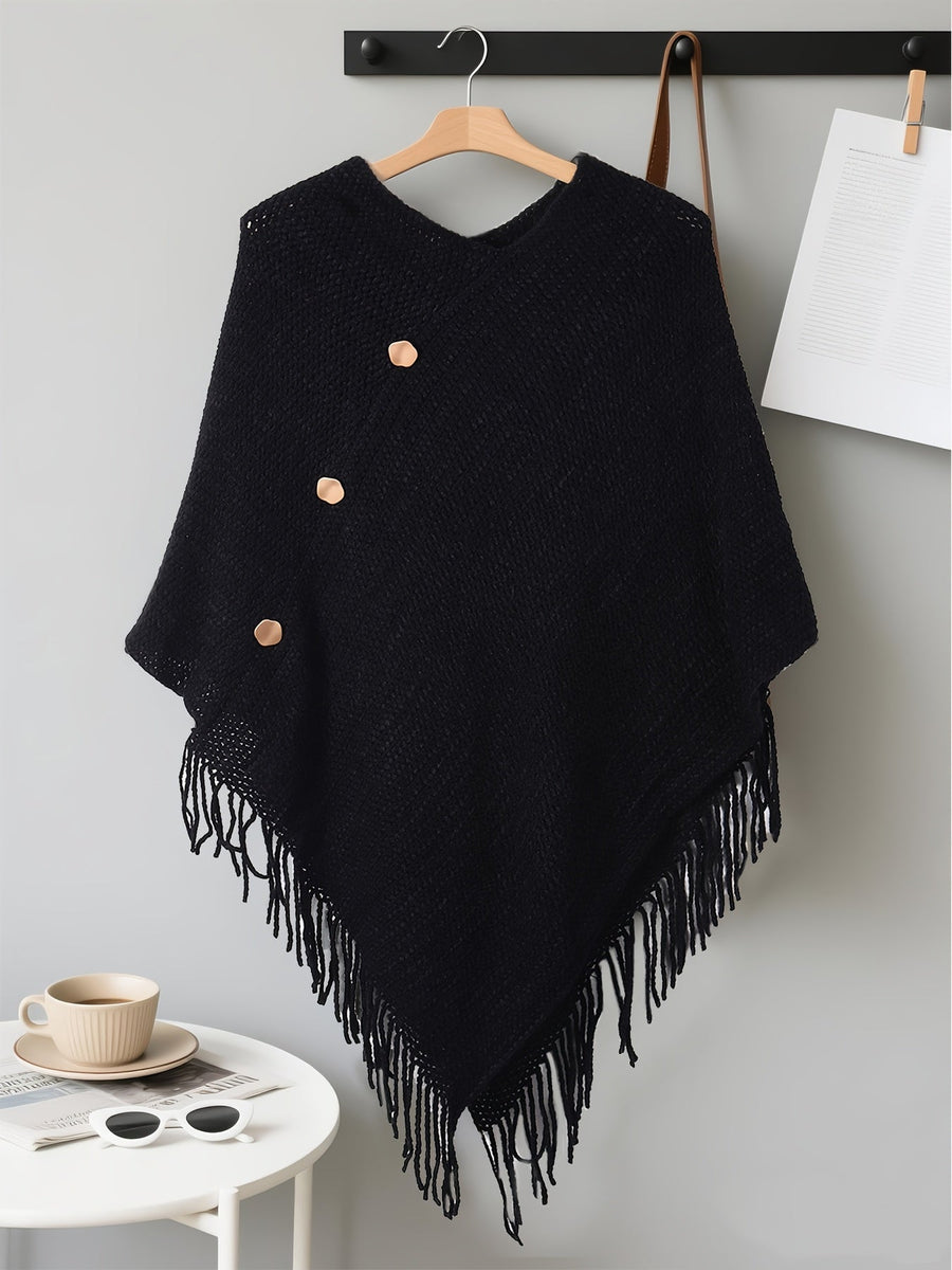 Stickad Poncho med Fransar och Knappar, V-ringning, Flera Färger