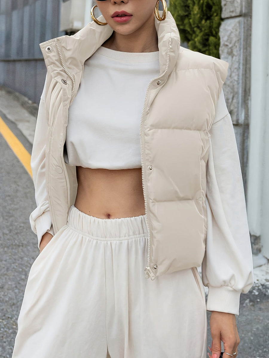 Kort Puffer Väst med Hög Krage för Dam, Beige