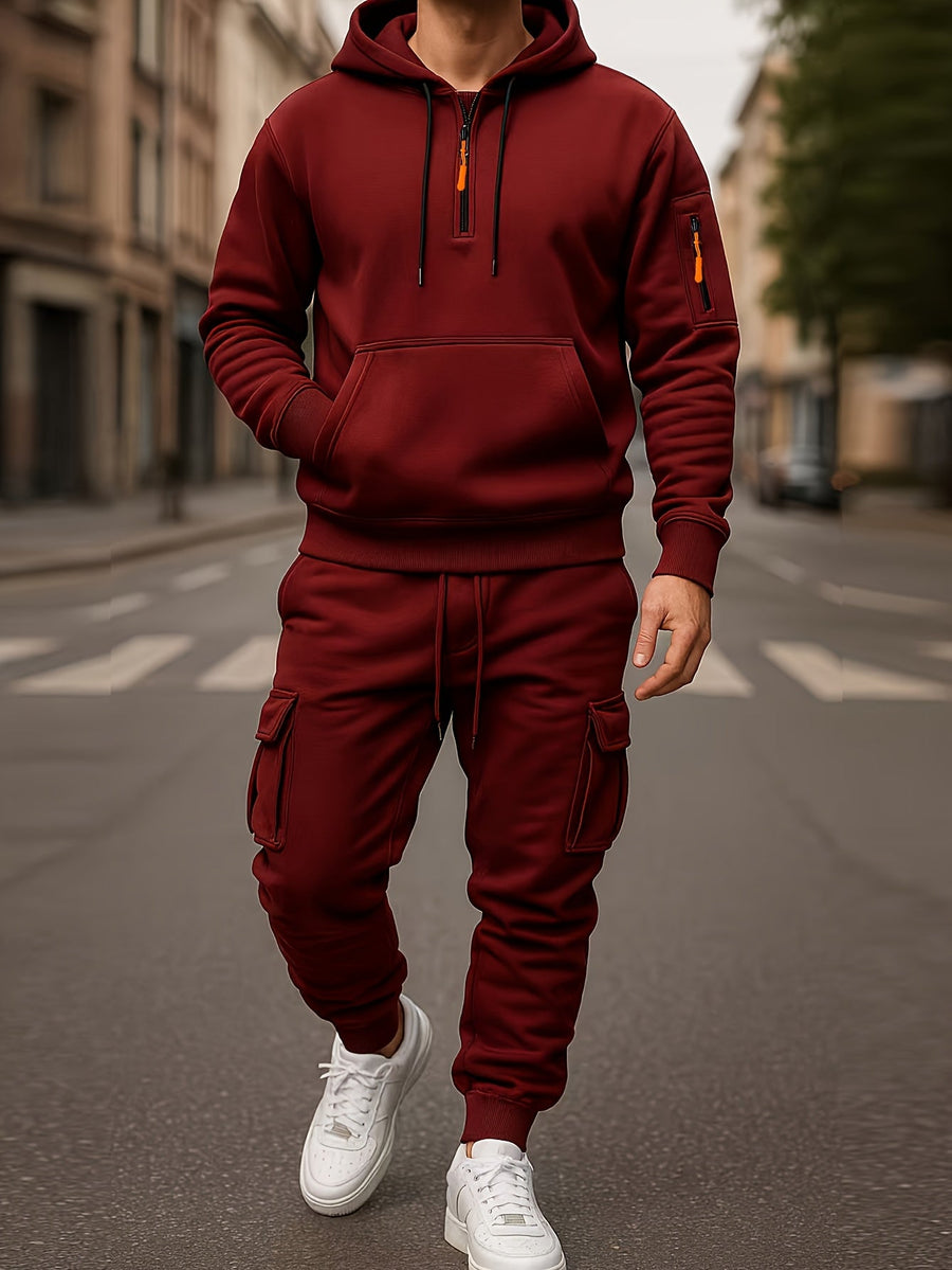 Grå herr hoodie och cargobyxa set med kvartsdragkedja och fickor