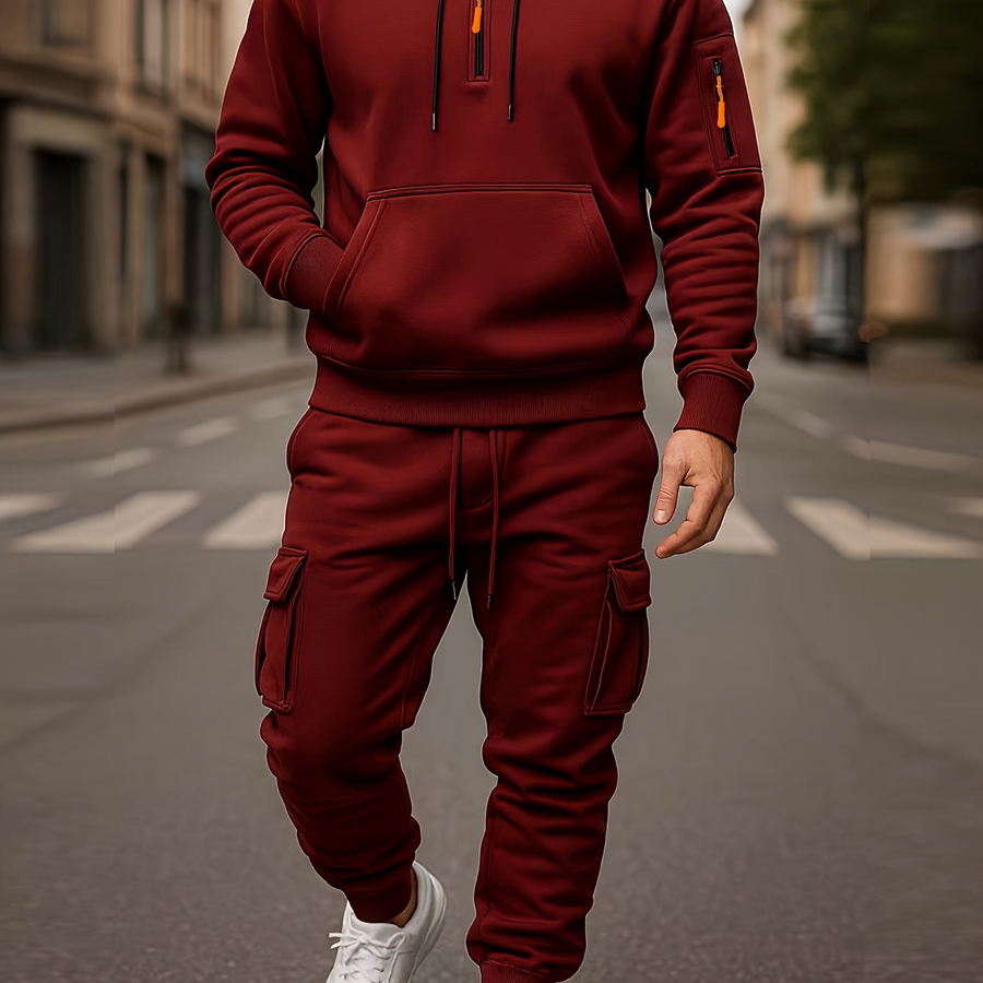 Grå herr hoodie och cargobyxa set med kvartsdragkedja och fickor