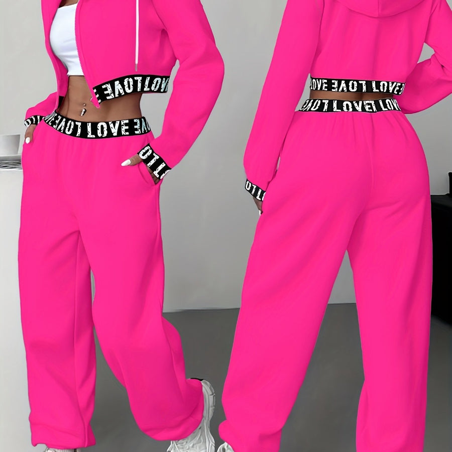 Dam Träningsset Crop Hoodie och Joggingbyxor med Hög Midja, Bokstavsmönster