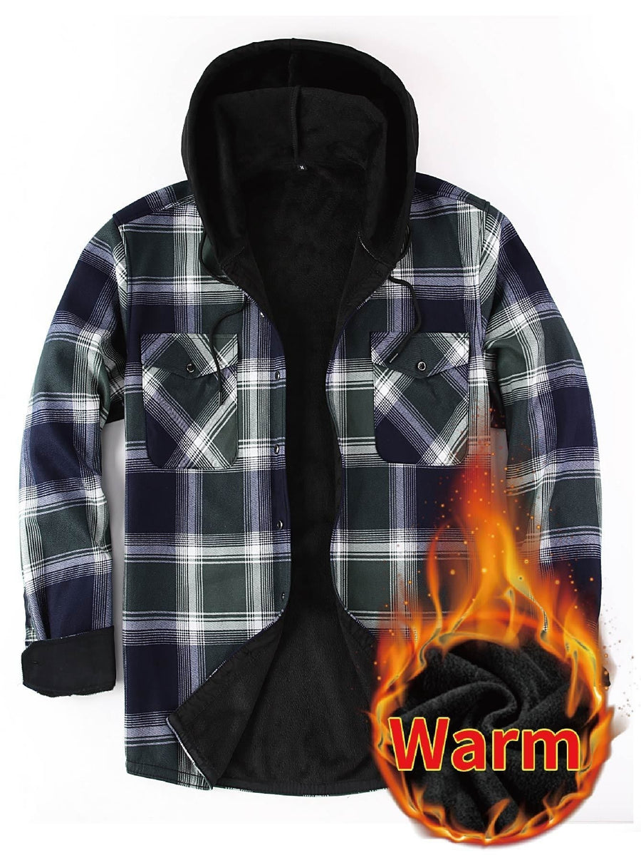 Men���s Plaid Hooded Thermal Flannel Shirt Jacket