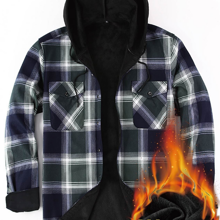 Men���s Plaid Hooded Thermal Flannel Shirt Jacket