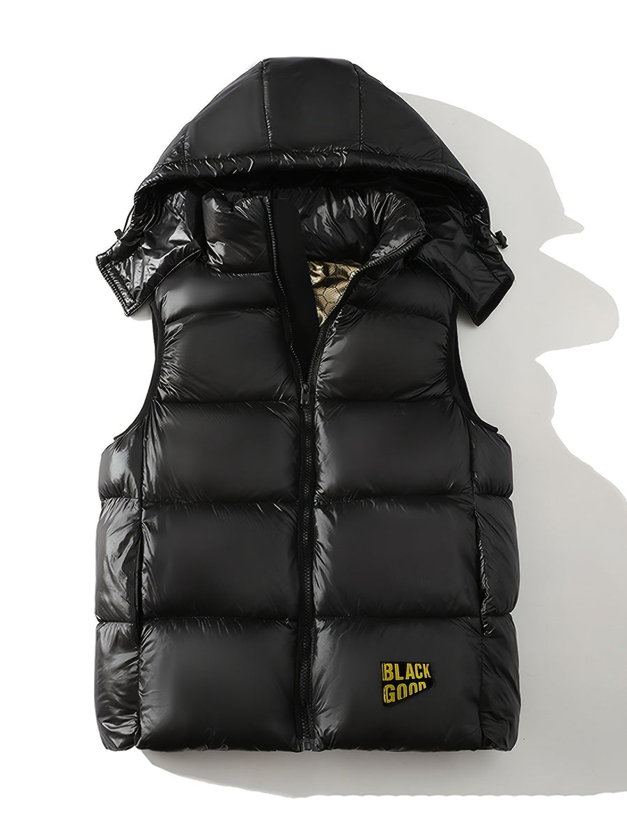 Unisex pufferväst med huva, blixtlås, brun
