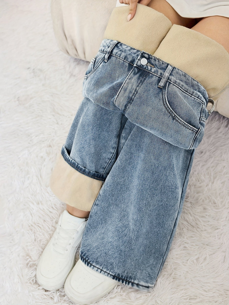 Blå Fodrade Jeans Vid Ben Passform Dam