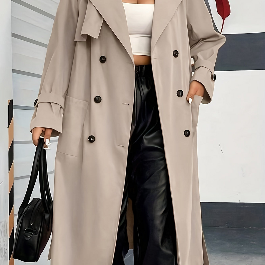 Dam Trenchcoat Lång Dobbeltknäppt med Krage och Manschetter