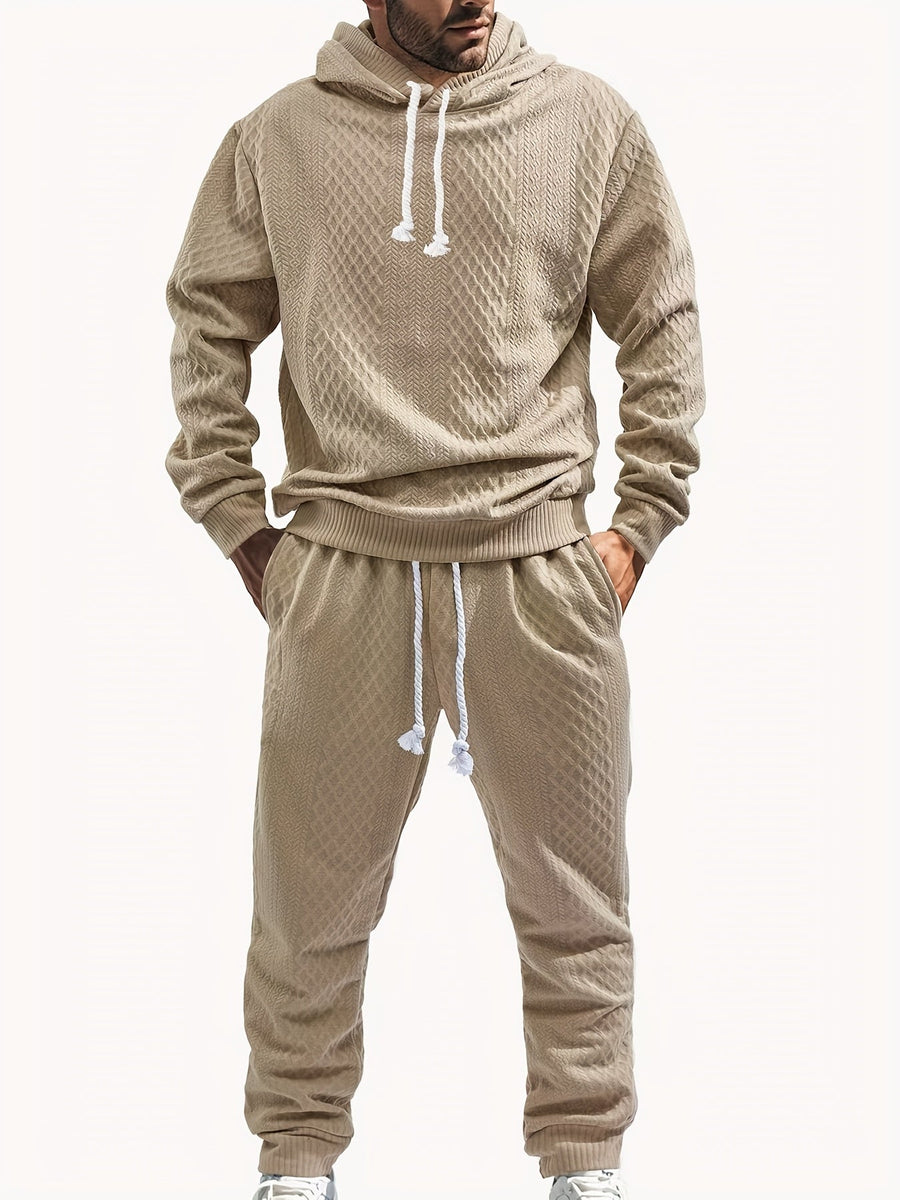 Rutigt Herr Set med Hoodie och Mjukisbyxor i Strukturerat Material