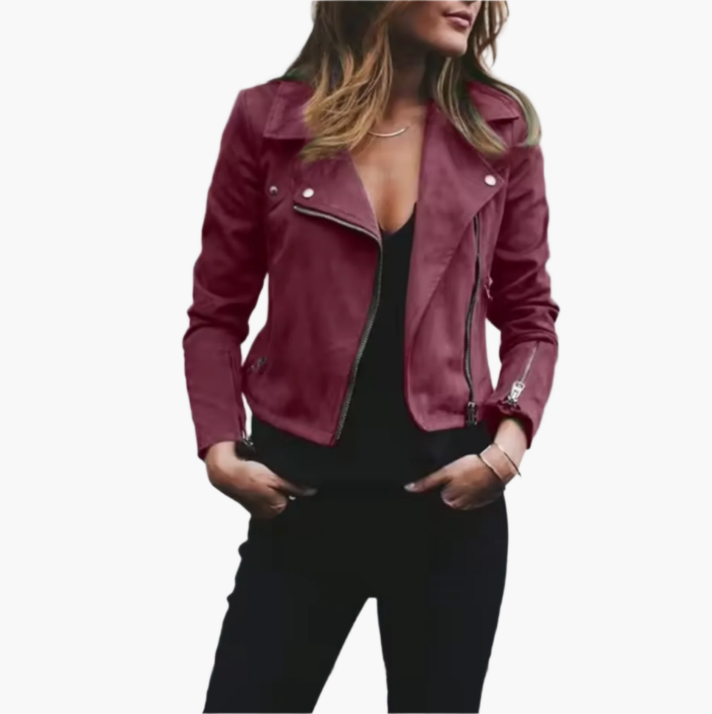 Dam Kort Skinnjacka – Moderiktig Bikerstil Perfekt för Vardag och Utekväll